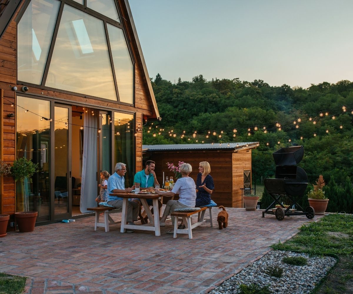Family eating on backyard patio