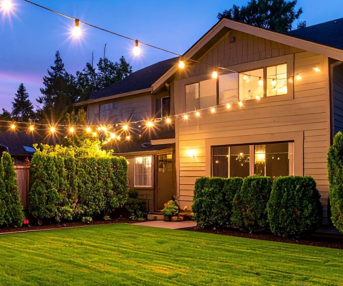 House backyard with string lights