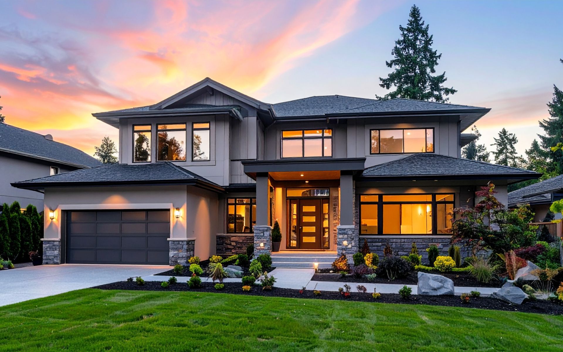 Modern house with sunset